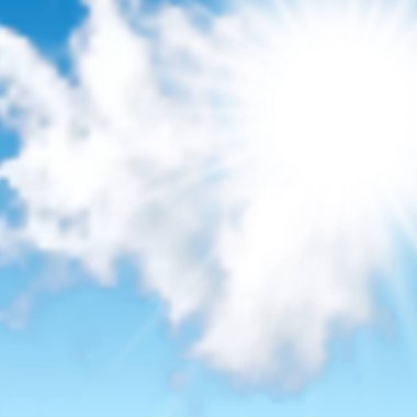 Bulutları ve mavi gökyüzünde güneşi olan doğal bir arka plan. Mavi arka planda gerçekçi bir bulut. Vektör illüstrasyonu