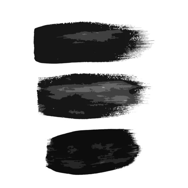 3つの黒いブラシストロークのセット 白地に孤立した手描きの墨跡 ベクターイラスト — ストックベクタ