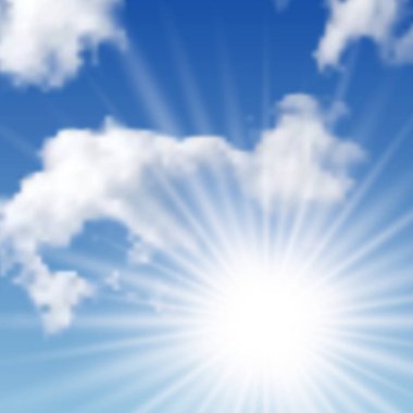 Bulutları ve mavi gökyüzünde güneşi olan doğal bir arka plan. Mavi arka planda gerçekçi bir bulut. Vektör illüstrasyonu