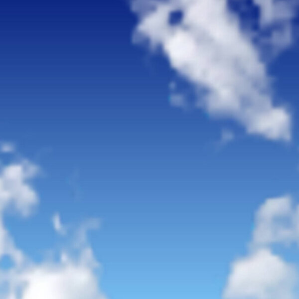 Natural background with clouds and sun on blue sky. Realistic cloud on blue backdrop. Vector illustration