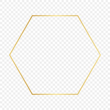 Altın parıldayan altıgen çerçeve şeffaf arkaplanda izole edildi. Parlak efektli parlak bir çerçeve. Vektör illüstrasyonu.