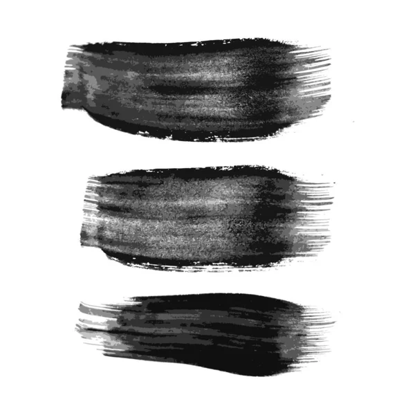 3つの黒いブラシストロークのセット 白地に孤立した手描きの墨跡 ベクターイラスト — ストックベクタ