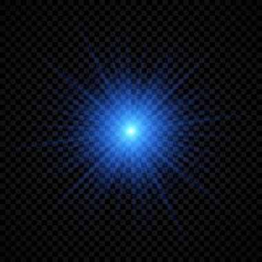 Lens fişeklerinin ışık etkisi. Şeffaf bir arka planda parıldayan mavi ışıklar yıldız patlaması efektleri. Vektör illüstrasyonu