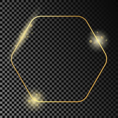Altın parıldayan yuvarlak altıgen çerçeve koyu şeffaf arka planda izole edilmiş. Parlak efektli parlak bir çerçeve. Vektör illüstrasyonu.