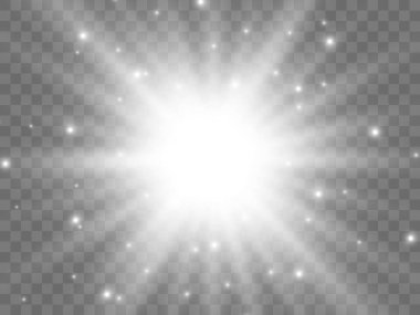 Şeffaf bir arkaplanda güneş ışığı. İzole edilmiş beyaz ışık huzmeleri. Vektör illüstrasyonu
