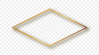 Altından parlayan eşkenar dörtgen şekil çerçevesi ve şeffaf arkaplanda gölgesi var. Parlak efektli parlak bir çerçeve. Vektör illüstrasyonu.