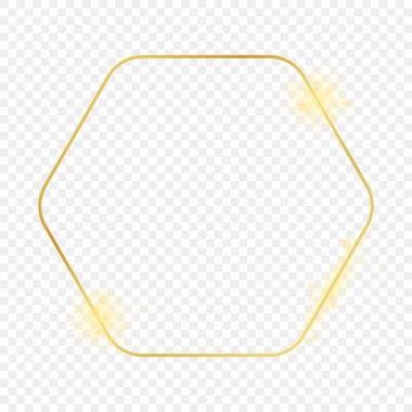Altından parlayan yuvarlak altıgen çerçeve şeffaf arka planda izole edilmiş. Parlak efektli parlak bir çerçeve. Vektör illüstrasyonu.