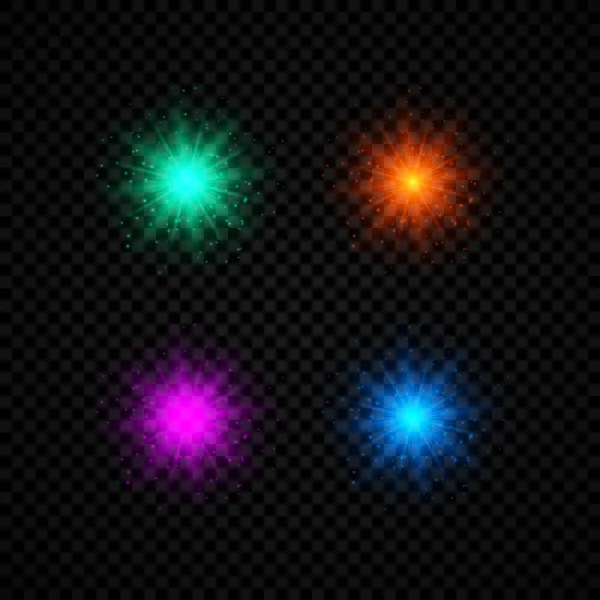Efeito Luz Dos Flares Lente Conjunto Quatro Luzes Verdes Laranja — Vetor de Stock