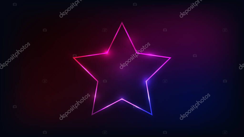 Neon frame in star form with shining effects on dark background. Empty glowing techno backdrop. Vector illustration.