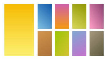 Dokuz renkli değişken arkaplan seti. Akıllı telefonların ekranı ve mobil uygulamalar için gradyan koleksiyonu. Vektör illüstrasyonu.