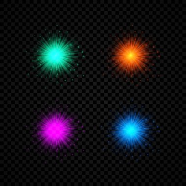 Lens fişeklerinin ışık etkisi. Dört yeşil, turuncu, mor ve mavi parlayan ışık kümesi. Koyu şeffaf bir arkaplanda parıltılı yıldız patlaması efektleri. Vektör illüstrasyonu