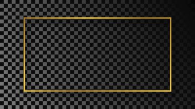 Koyu şeffaf arka planda gölgesi olan altın rengi dikdörtgen şekilli bir çerçeve. Parlak efektli parlak bir çerçeve. Vektör illüstrasyonu.
