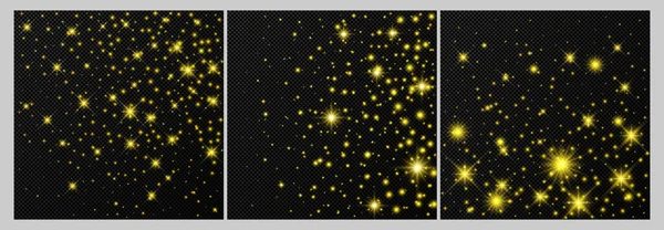 Σύνολο Από Τρία Χρυσά Backdrops Αστέρια Και Σκόνη Λάμπει Απομονωμένη — Διανυσματικό Αρχείο