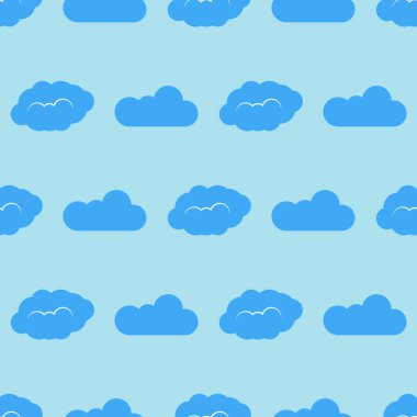 Mavi gökyüzünde bulutlar olan kusursuz bir desen. Sevimli sonsuz bulut manzarası. Vektör illüstrasyonu.