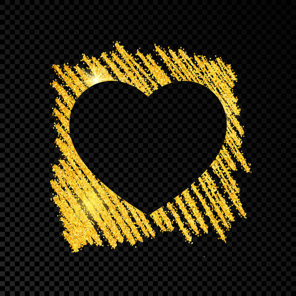 Сердце на золотой блестящей каракульной краске на темном прозрачном фоне. Фон с золотыми блестками и эффектом блеска. Пустое место для сообщения. Векторная иллюстрация