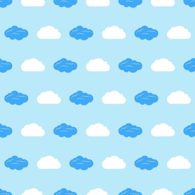 Mavi gökyüzünde bulutlar olan kusursuz bir desen. Sevimli sonsuz bulut manzarası. Vektör illüstrasyonu.