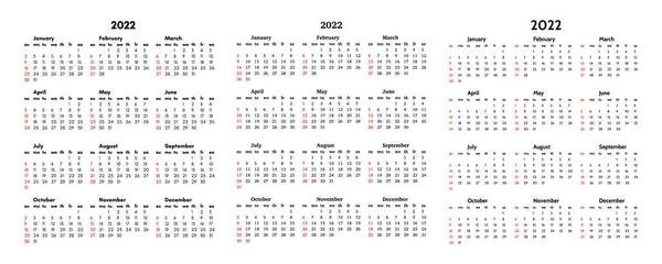 一组三个2022年日历 在白色背景上隔离 周日到周一 业务模板 矢量说明 — 图库矢量图片