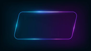 Neon, koyu arkaplanda parlak efektleri olan yuvarlak paralelkenarlı çerçeve. Boş parlayan tekno fon. Vektör illüstrasyonu.