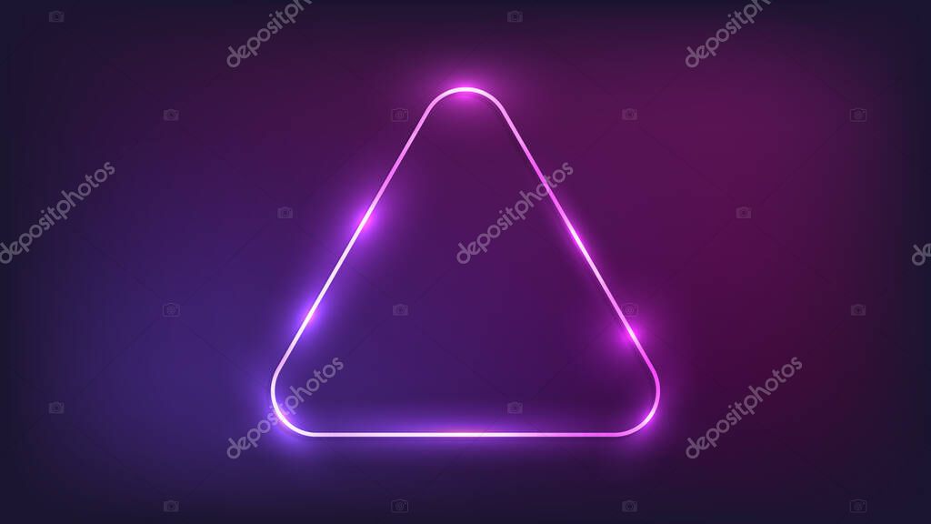 Neon rounded triangle frame with shining effects on dark background. Empty glowing techno backdrop. Vector illustration.