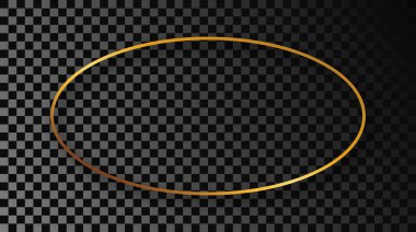 Koyu şeffaf arka planda gölgesi olan altın parıldayan oval şekil çerçeve. Parlak efektli parlak bir çerçeve. Vektör illüstrasyonu.