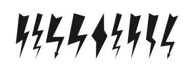 Dokuz karanlık fırtına seti. Şimşek ve yüksek voltajlı siyah simgeler beyaz arkaplanda. Vektör illüstrasyonu.