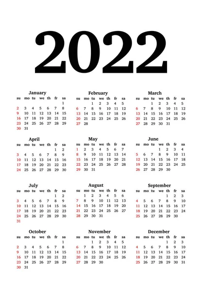 Calendario Para 2022 Aislado Sobre Fondo Blanco Domingo Lunes Plantilla — Vector de stock