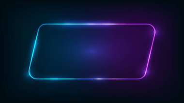 Neon, koyu arkaplanda parlak efektleri olan yuvarlak paralelkenarlı çerçeve. Boş parlayan tekno fon. Vektör illüstrasyonu.
