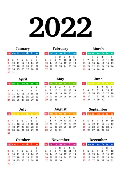 Calendario Para 2022 Aislado Sobre Fondo Blanco Domingo Lunes Plantilla — Archivo Imágenes Vectoriales