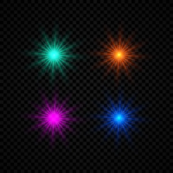 镜头照明弹的光效 一组四个绿色 紫色和蓝色发光的灯光 星星星之火的效果与火花在黑暗透明的背景 矢量说明 — 图库矢量图片