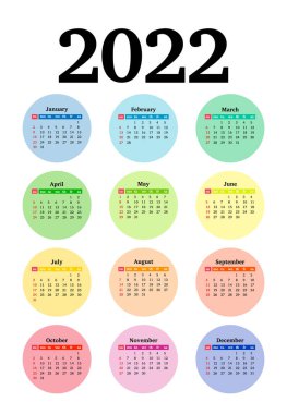 2022 takvimi beyaz arka planda izole edildi. Pazardan pazartesiye, iş planı. Vektör illüstrasyonu