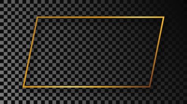 Koyu şeffaf arka planda gölgesi olan altın rengi dikdörtgen şekilli bir çerçeve. Parlak efektli parlak bir çerçeve. Vektör illüstrasyonu.