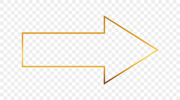 Gold glowing arrow shape frame isolated on transparent background. Shiny frame with glowing effects. Vector illustration.