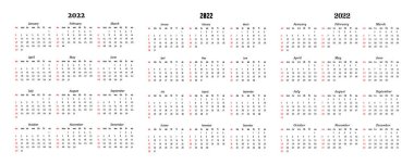 2022 için üç takvim seti beyaz arka planda izole edildi. Pazardan pazartesiye, iş planı. Vektör illüstrasyonu