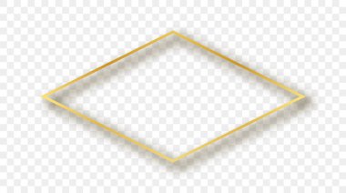 Altından parlayan eşkenar dörtgen şekil çerçevesi ve şeffaf arkaplanda gölgesi var. Parlak efektli parlak bir çerçeve. Vektör illüstrasyonu.