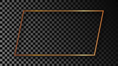 Koyu şeffaf arka planda gölgesi olan altın rengi dikdörtgen şekilli bir çerçeve. Parlak efektli parlak bir çerçeve. Vektör illüstrasyonu.