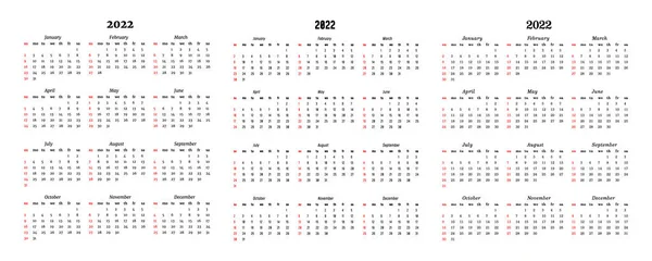 2022 için üç takvim seti beyaz arka planda izole edildi. Pazardan pazartesiye, iş planı. Vektör illüstrasyonu