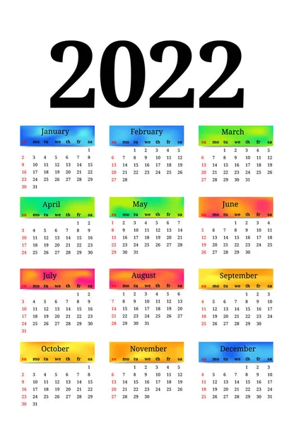 Calendário Para 2022 Isolado Fundo Branco Domingo Segunda Feira Modelo —  Vetores de Stock