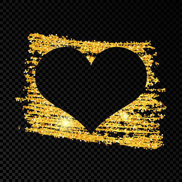 Сердце на золотой блестящей каракульной краске на темном прозрачном фоне. Фон с золотыми блестками и эффектом блеска. Пустое место для сообщения. Векторная иллюстрация