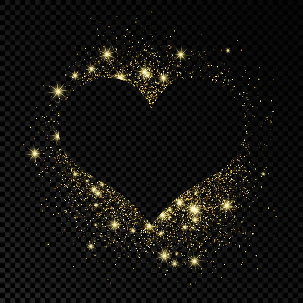 Cadre Forme Coeur Avec Paillettes Dorées Sur Fond Transparent Foncé — Image vectorielle