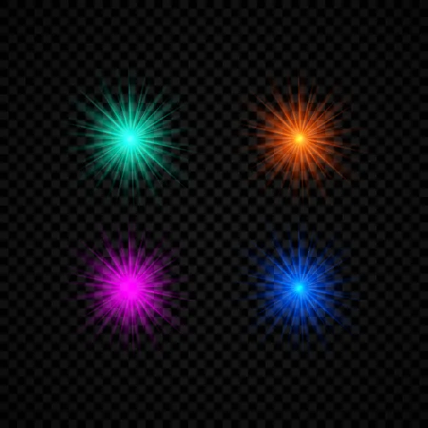 镜头照明弹的光效 一组四个绿色 紫色和蓝色发光的灯光 星星星之火的效果与火花在黑暗透明的背景 矢量说明 — 图库矢量图片