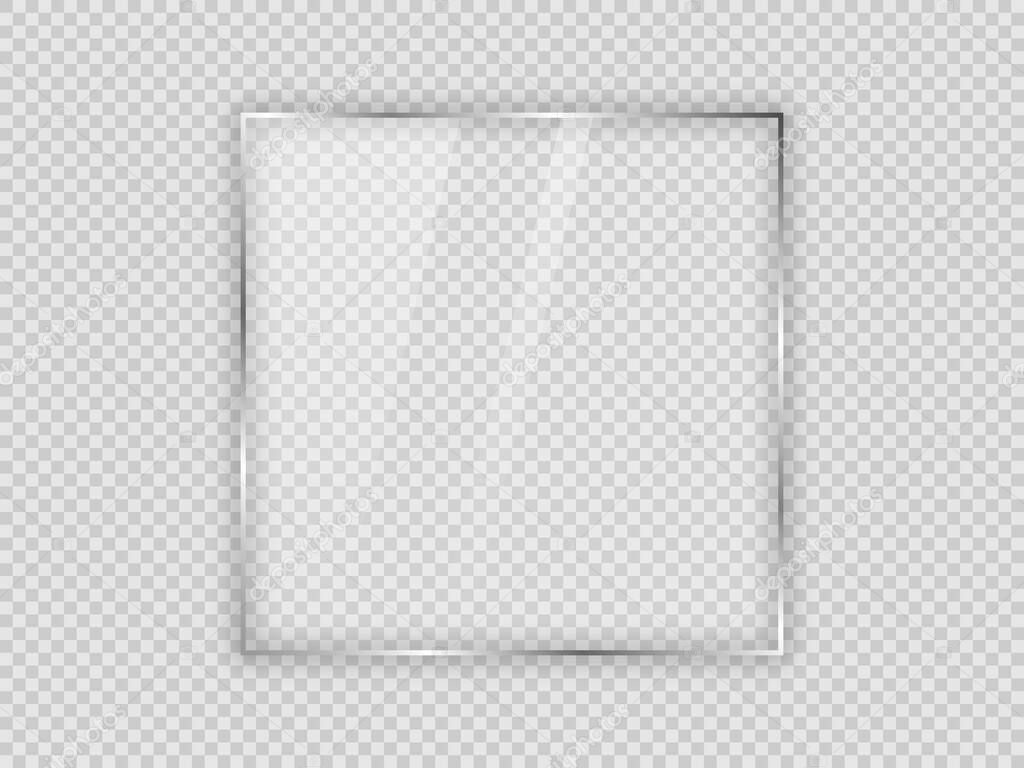 Glass plate in square frame isolated on transparent background. Vector illustration.