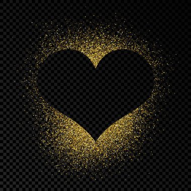 Koyu şeffaf arka planda altın parıltılı kalp şeklinde çerçeve. Boş koyu arkaplanı olan tebrik kartı. Vektör illüstrasyonu.