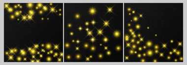 Koyu şeffaf arkaplanda izole edilmiş yıldızlar ve toz kıvılcımlarıyla üç altın zemin seti. Büyülü bir Noel ışığı efekti. Vektör illüstrasyonu.