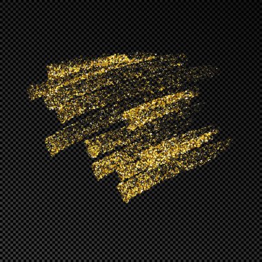Altın simli el çizimi mürekkep lekesi. Koyu şeffaf arka planda parıltılı altın mürekkep lekesi. Vektör illüstrasyonu