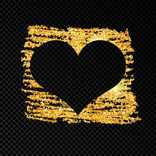 Сердце на золотой блестящей каракульной краске на темном прозрачном фоне. Фон с золотыми блестками и эффектом блеска. Пустое место для сообщения. Векторная иллюстрация