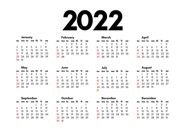 Calendario Para 2022 Aislado Sobre Fondo Blanco Domingo Lunes Plantilla — Vector de stock