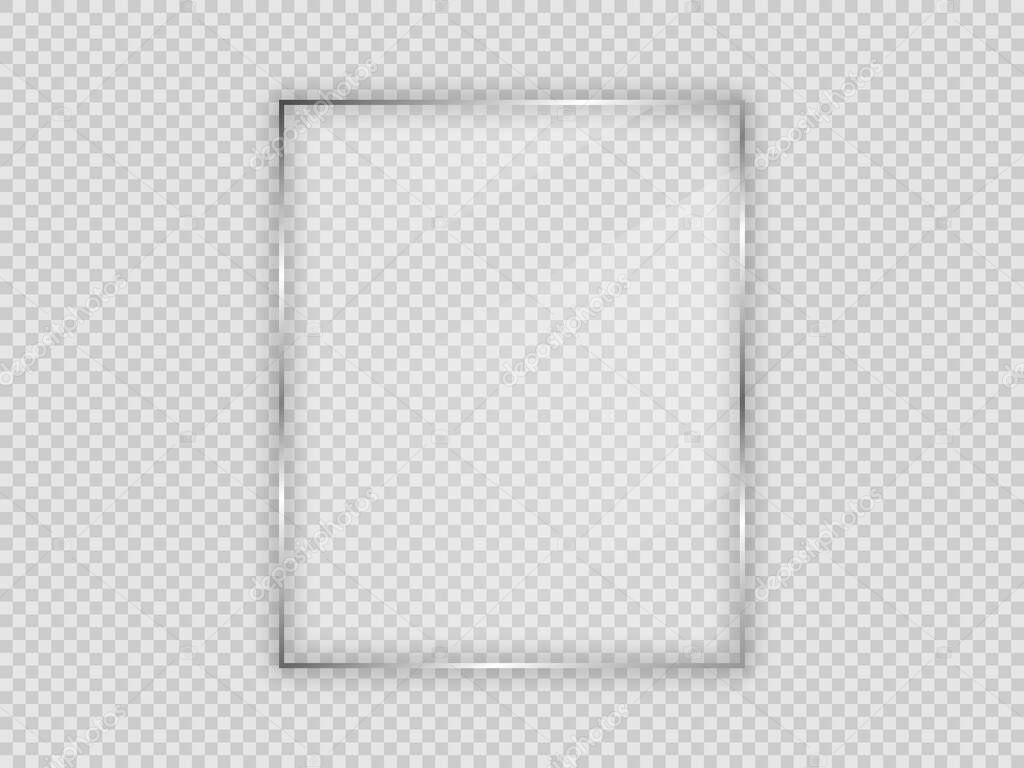 Glass plate in vertical frame isolated on transparent background. Vector illustration.