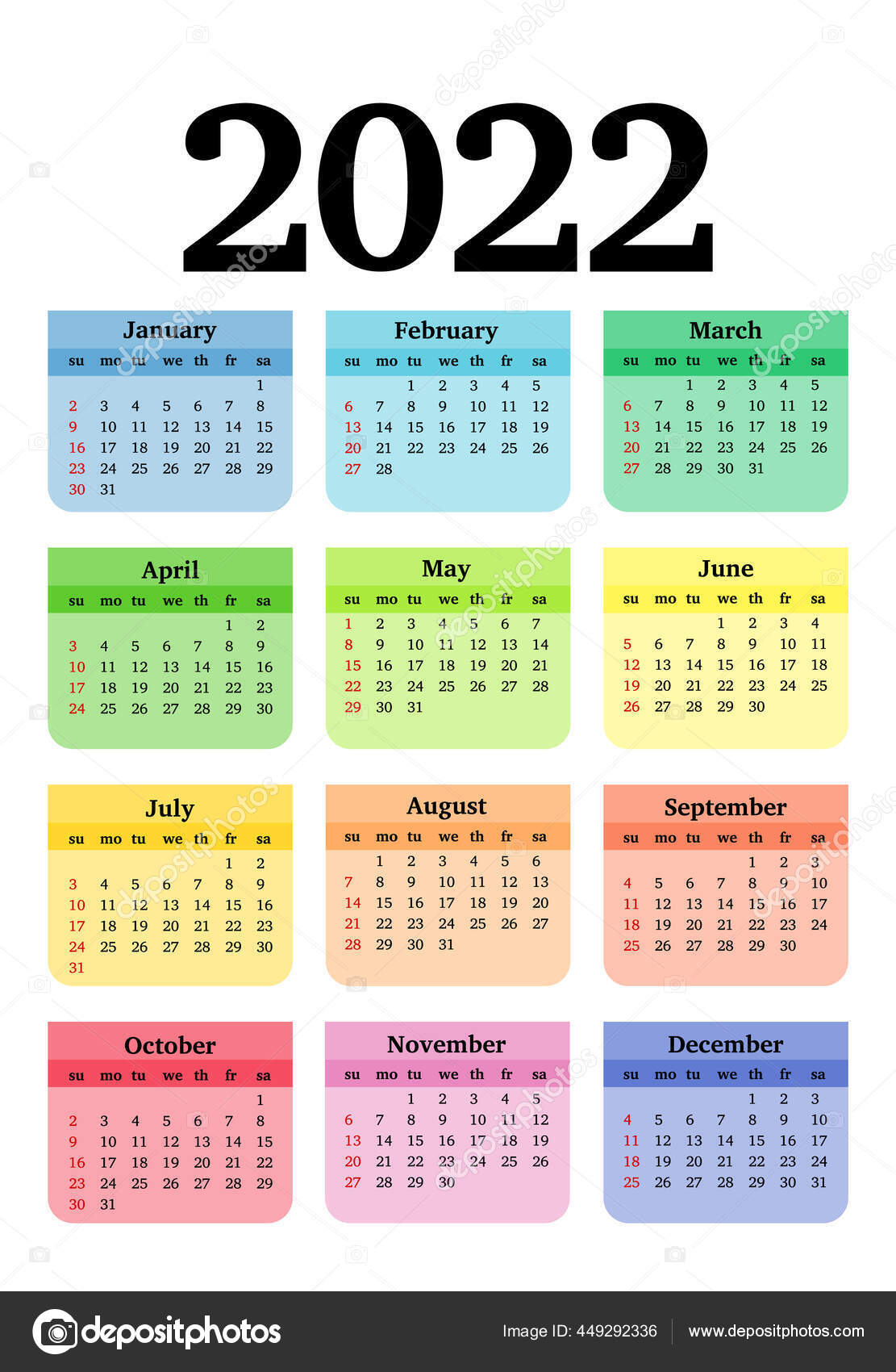 Calendar 2022 Isolated White Background Sunday Monday Business Template Vector Stock Vector Image By ©Dniprodd #449292336