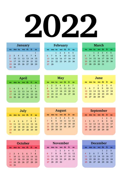 Calendário Para 2022 Isolado Fundo Branco Domingo Segunda Feira Modelo —  Vetores de Stock