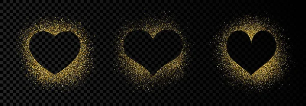 Set Three Heart Shape Frames Golden Glitter Dark Transparent Background — Stock Vector